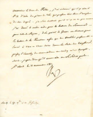 null Relative à la Gironde. Lettre signée Nap., adressée au Duc de Feltre. 1/2 p....