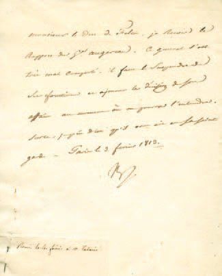 null Relative au Général Augereau. Lettre signée Np., adressée au Duc de Feltre....