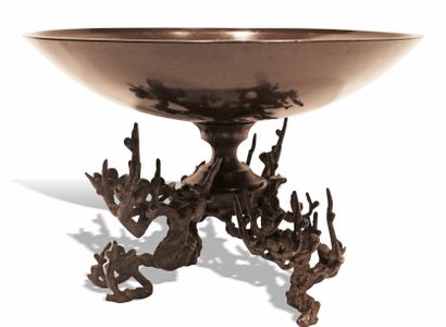  Vase Usubata pour arrangement de fleur ikebana en bronze et cuivre patiné, à large...