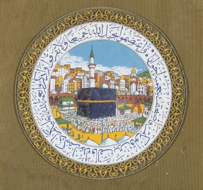 Souvenir de la Mecque. Verre peint rond représentant...