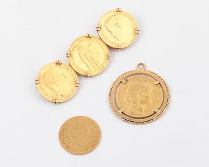  Lot en or jaune comprenant un pendentif ornée d'une pièce de vingt Francs Français...
