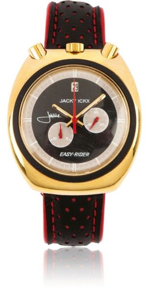 JACKY ICKX «Easy Rider» vers 1980. Chronographe bracelet en métal doré. Boitier tonneau....