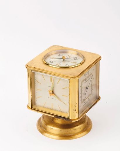 DUNHILL «Cube» Pendulette de bureau en laiton doré avec baromètre, thermomètre, hydromètre...