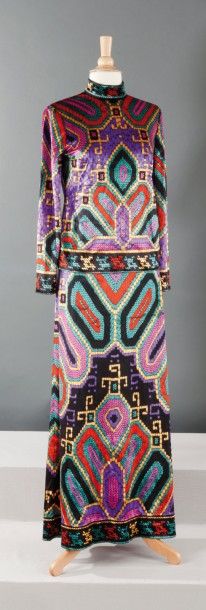 LEONARD Fashion circa 1965-1970 Ensemble en velours polyester multicolore à motifs...
