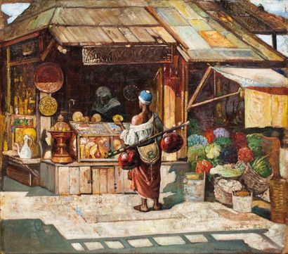 Gyula TORNAÏ (1861-1928) Scène de marché Huile sur toile, signée en bas à droite....