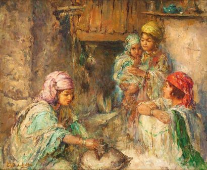 Edouard VERSCHAFFELT (1874-1955) La préparation du couscous Huile sur toile, signée...
