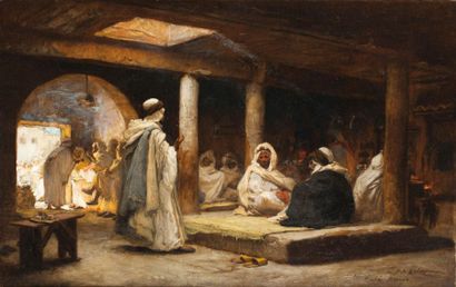 Frédéric BRIDGMAN (1847-1928) Café à Biskra Huile sur toile, signée en bas à droite...