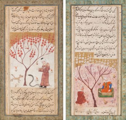 [MCD] Deux miniatures illustrant un manuscrit littéraire, Iran, XIVe siècle Gouaches...
