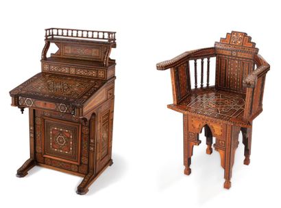 [MCD] Bureau et fauteuil en bois marqueté, Syrie ottomane, fin XIXe-deb. début XXe...