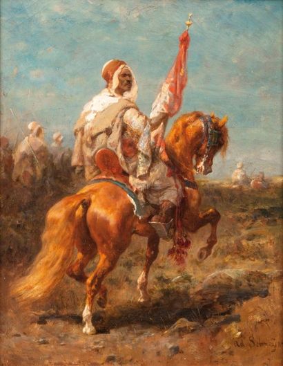 Adolf SCHREYER (1828 - 1899) Cavalier à l'étendard Huile sur toile, signée en bas...