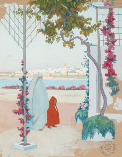Madeleine BARRIERE-PREVOST (XIX-XXe) Terrasse devant Rabat Salé Gouache, portant...