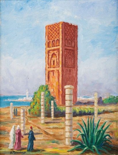 Solange MONVOISIN (1907-1985) La tour Hassan à Rabat Huile sur carton entoilé, signée...