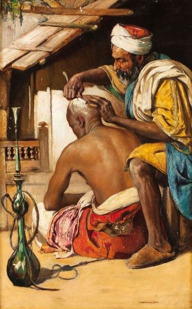 Gyula TORNAÏ (1861-1928) Le barbier Huile sur toile, signée en bas à droite. 68 x...