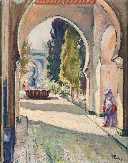 Henri PONTOY (1888-1968) Porte d'entrée du Collège Moulay Idriss, Fès Huile sur toile,...