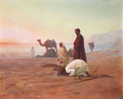Otto PILNY (1866 - 1936) La prière au désert, 1900 Huile sur toile, signée en bas...