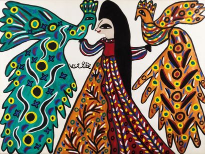MAHIEDDINE BAYA (1931-1998) Femme et deux oiseaux Gouache sur papier, signée au centre...