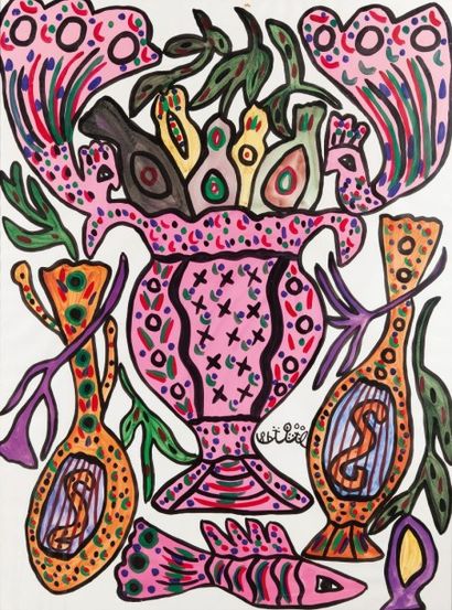 MAHIEDDINE BAYA (1931-1998) Vase rose Gouache sur papier, signée en bas à droite...