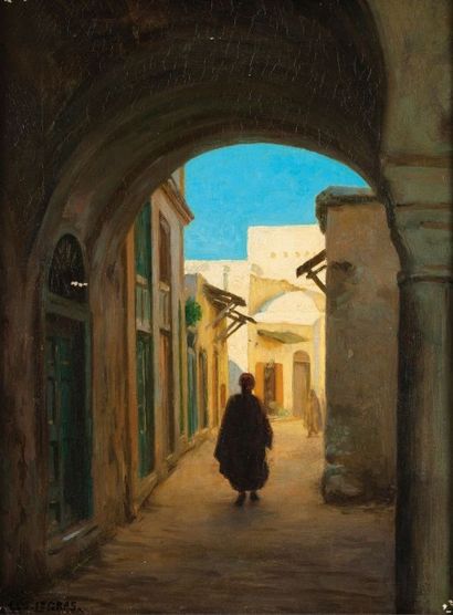 August Johannes LE GRAS (1864-1915) Promeneurs dans une rue de Tunis Huile sur toile,...