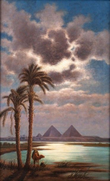 Y. Ovaneff CHIMCHIDIAN (XIX-XXème siècle) Vue des Pyramides Huile sur toile, signée...
