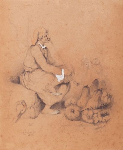 Cécile COLOMBET (1824-1901) Fumeur de Chibouk Grec Crayon et rehauts de gouache blanche,...