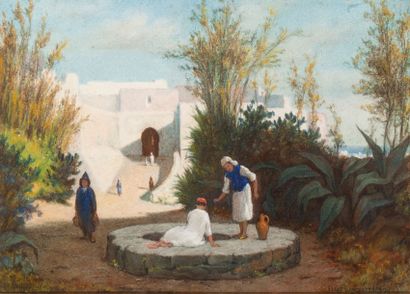 Elias BANCROFT (1846-1924) Le puits devant la citadelle de Tanger Aquarelle, signée...