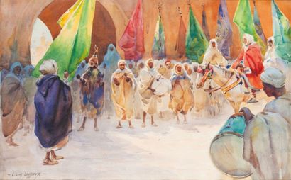 Ernest Louis LESSIEUX (1874-1938) Drapeaux au passage du Pacha, Marrakech Aquarelle,...