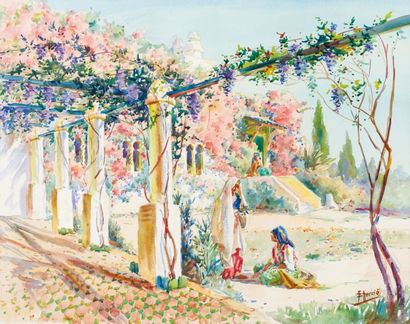 Edouard HERZIG (1860-1926) Patio de la villa sur les hauteurs d'Alger Aquarelle,...