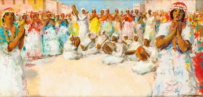 Paul DAXHELET (1905-1993) Danseuses berbères (Maroc) Huile sur panneau, signée en...
