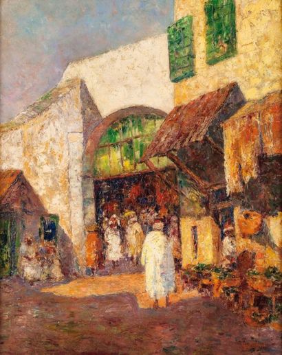 Georges TURLAND (1877-1947) Entrée du Souk à Tunis Huile sur toile, signée en bas...
