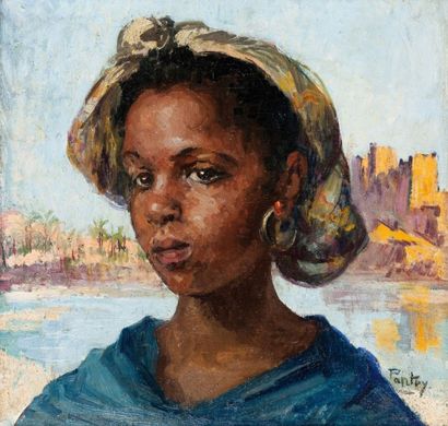 Henri PONTOY (1888-1968) Petite fille du Sud marocain Huile sur panneau, signée en...