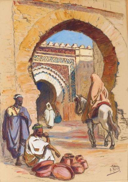 Edouard HERZIG (1860-1926) Porte de la casbah, Meknes Aquarelle, signée, située et...
