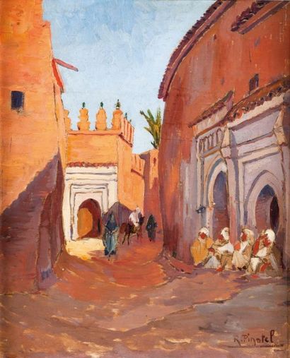 Raphaël PINATEL (1879-1933) Rue d?un village au Maroc Huile sur panneau, signée en...