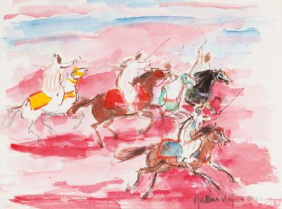 Hassan EL GLAOUI (né en 1924) Cavaliers sur fond rose Aquarelle, signée en bas à...