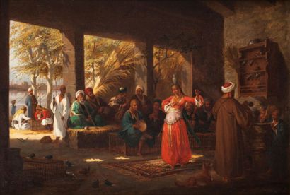 Alfred DARJOU (1832-1874) Danseuse du ventre sur les bords du Nil Huile sur toile,...