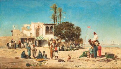Victor HUGUET (1835-1902) Marché au bord du Nil Huile sur toile, signée en bas à...