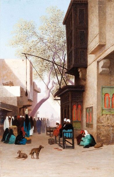 Théodore FRERE (1814-1888) Rue animée au Caire Huile sur panneau d?acajou, signée...