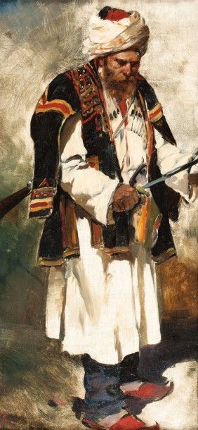 Attribué à Vassily VERECHTCHAGIN (1842-1904) Tatar au poignard Huile sur toile, monogrammée...
