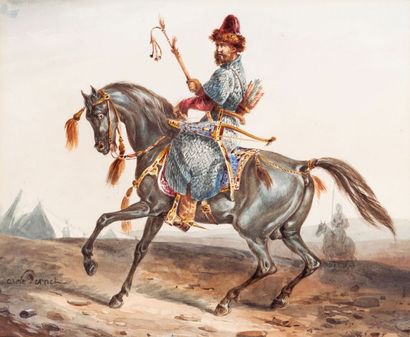 Carle VERNET (1758-1836) La guerrier tartare Aquarelle, signée en bas à gauche 21...
