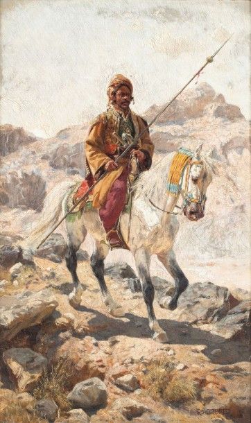 Rudolf VON OTTENFELD (1856-1913) Cavalier à la lance Huile sur panneau, signée en...