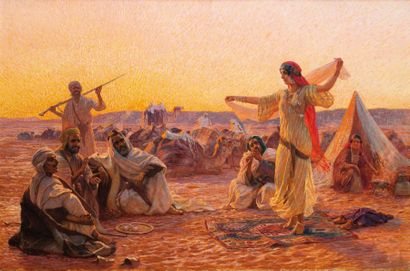 Otto PILNY (1866 - 1936) Danseuse au désert Huile sur toile, signée en bas à droite...