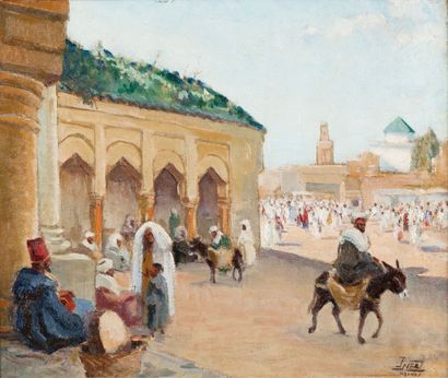 Paul NERI (1875-1951) Place animée à Meknès Huile sur toile, signée et située Meknès...