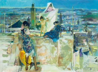 Jean Gaston MANTEL (1920-1994) Femmes sur les terrasses de Fès Huile sur toile, signée...