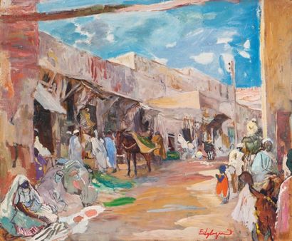 Eddy LEGRAND (1892-1970) Rue animée de Marrakech Huile sur panneau d'isorel, signée...