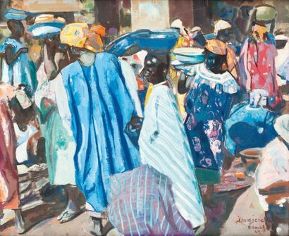 Jacques MAJORELLE (1886-1962) Marché à Bamako Technique mixte sur toile, signée en...