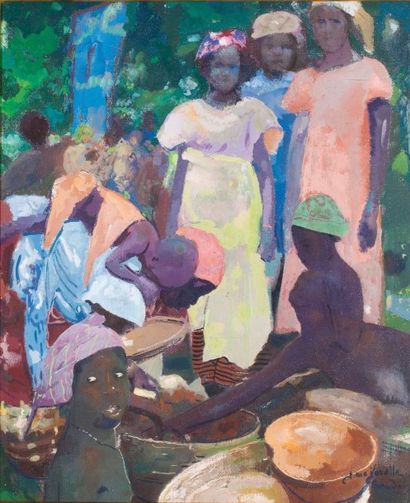 Jacques MAJORELLE (1886-1962) Scène de marché au Soudan Huile sur toile, signée et...