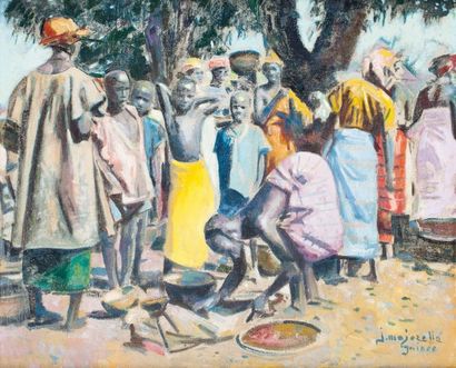 Jacques MAJORELLE (1886-1962) Cocotiers à Conakry Technique mixte, signée et située...