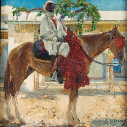 Léon CAUVY (1874-1933) Cavalier arabe devant la villa Abd-el-Tif Huile sur toile,...