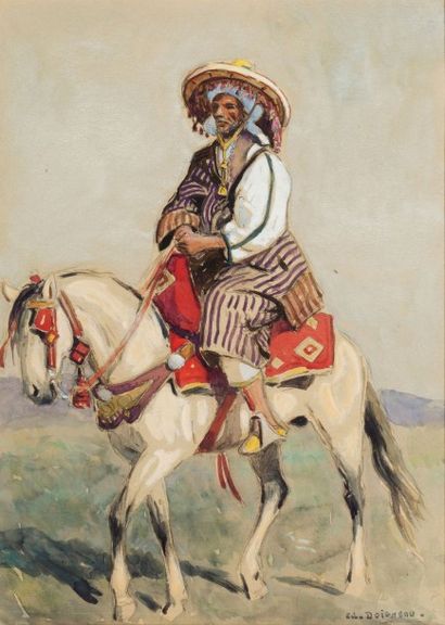 Edouard DOIGNEAU (1865-1954) Cavalier arabe Aquarelle, gouache et fusain, signée...