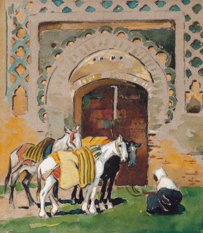 Edouard DOIGNEAU (1865-1954) Cavalier marocain et ses chevaux devant une porte Aquarelle,...