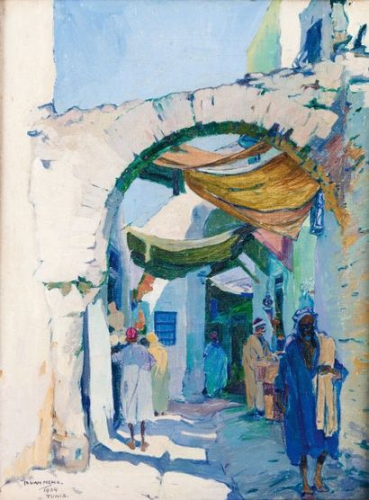 Isidore van MENS (1890-1985) Ruelle animée, Tunis Huile sur toile, signée en bas...
